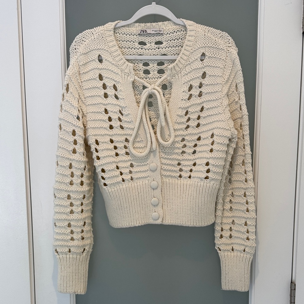 ZARA Cream Open-Knit Tie-Front Cropped Cardigan
